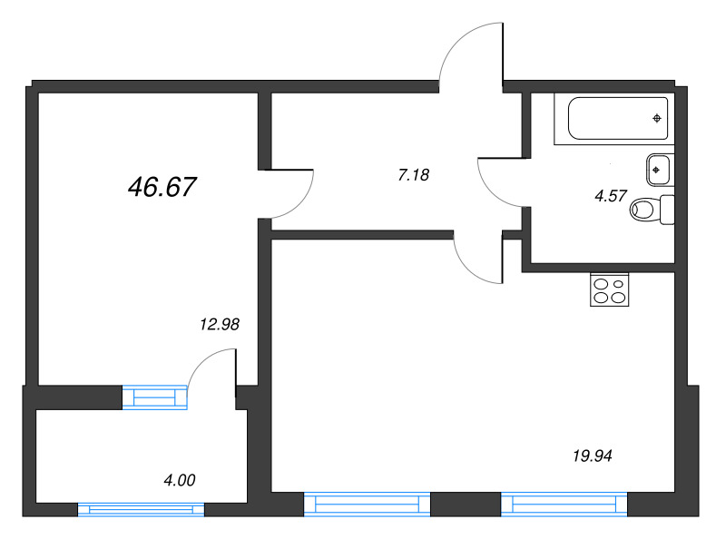 2-комнатная (Евро) квартира, 46.67 м² - планировка, фото №1