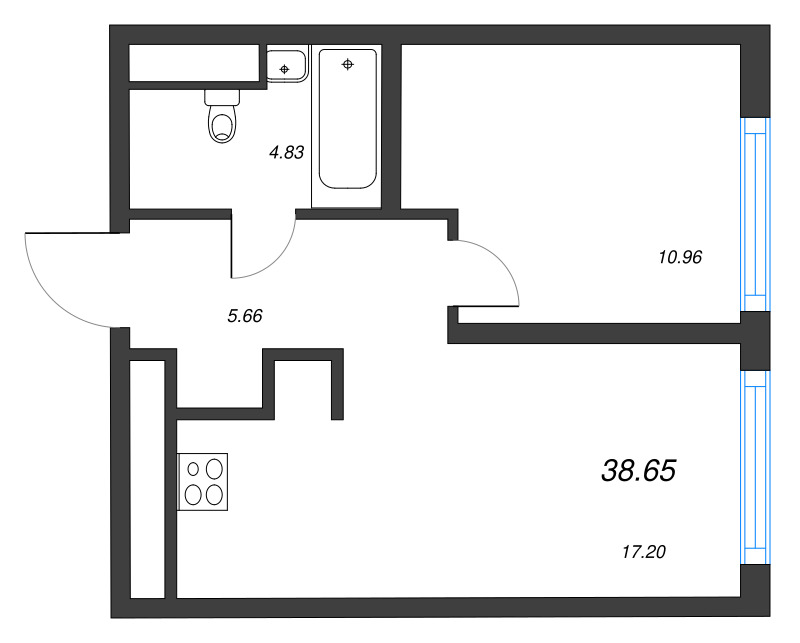 2-комнатная (Евро) квартира, 38.65 м² в ЖК "Legenda Васильевского" - планировка, фото №1