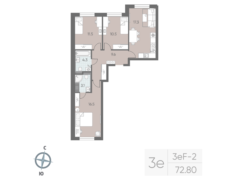 4-комнатная (Евро) квартира, 72.8 м² в ЖК "Большая Охта" - планировка, фото №1