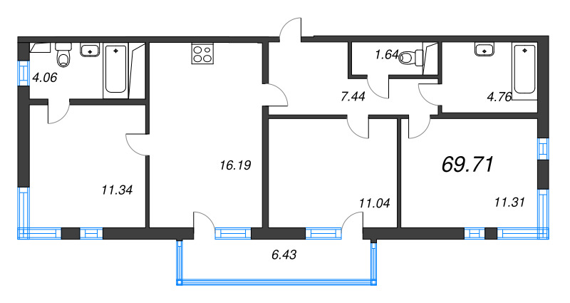 4-комнатная (Евро) квартира, 69.71 м² - планировка, фото №1