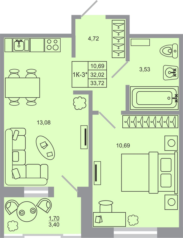 1-комнатная квартира, 33.72 м² в ЖК "Стороны света-2" - планировка, фото №1