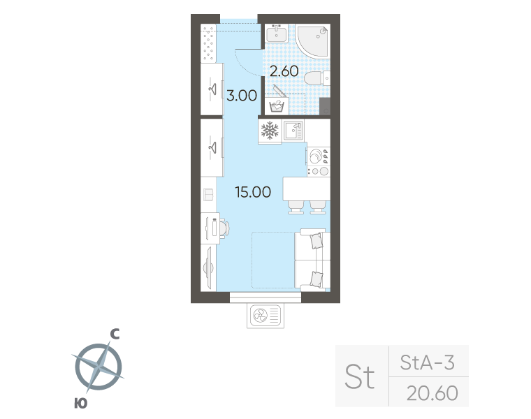 Квартира-студия, 20.6 м² в ЖК "Ручьи" - планировка, фото №1