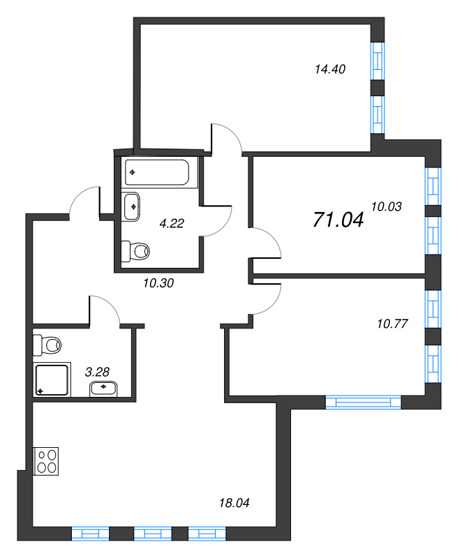 4-комнатная (Евро) квартира, 71.04 м² в ЖК "Мурино Space" - планировка, фото №1