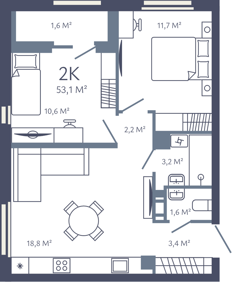 3-комнатная (Евро) квартира, 53.1 м² в ЖК "Лендлер" - планировка, фото №1