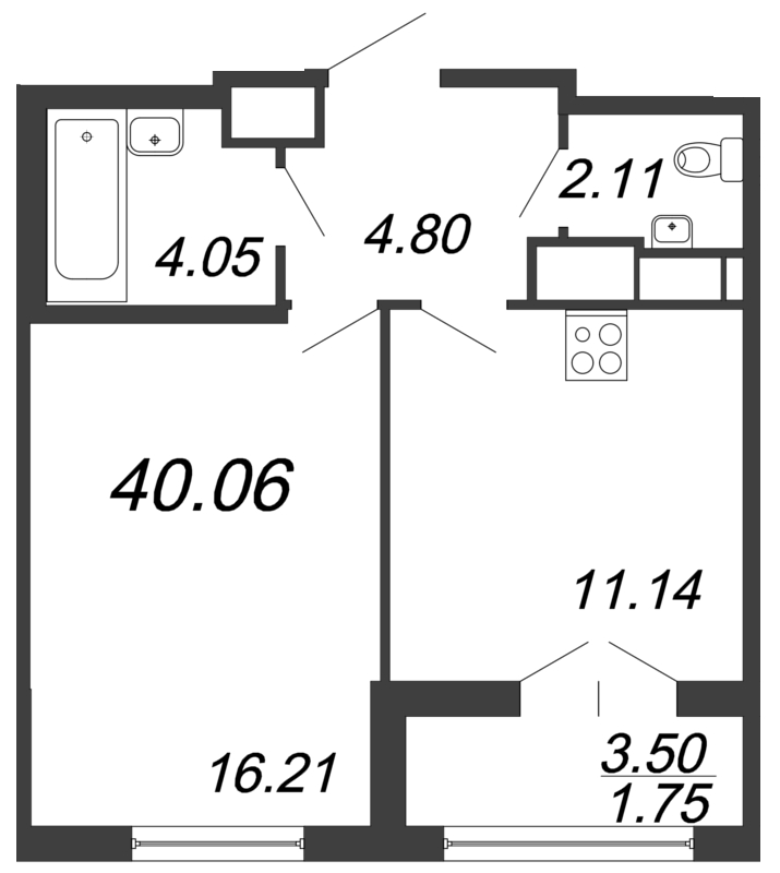 1-комнатная квартира, 40.06 м² в ЖК "Дефанс Бизнес" - планировка, фото №1