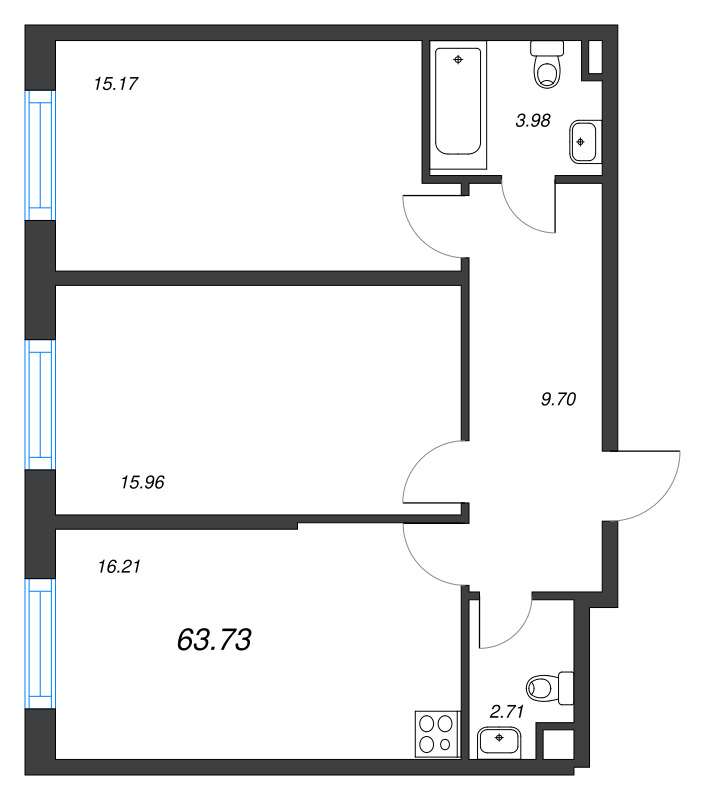 3-комнатная (Евро) квартира, 63.73 м² в ЖК "Zoom на Неве" - планировка, фото №1