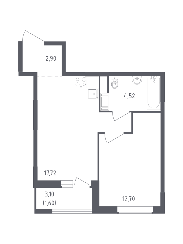 2-комнатная (Евро) квартира, 39.44 м² в ЖК "Южная Нева" - планировка, фото №1