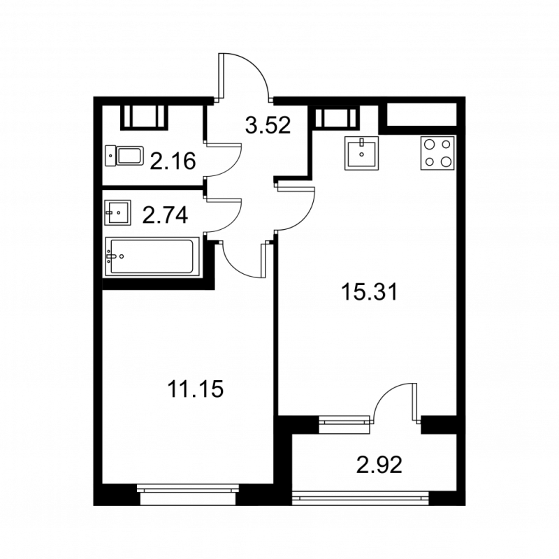 2-комнатная (Евро) квартира, 36.34 м² в ЖК "Квартал Заречье" - планировка, фото №1