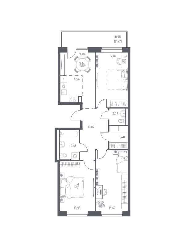 3-комнатная квартира, 80.55 м² в ЖК "Живи! В Рыбацком" - планировка, фото №1