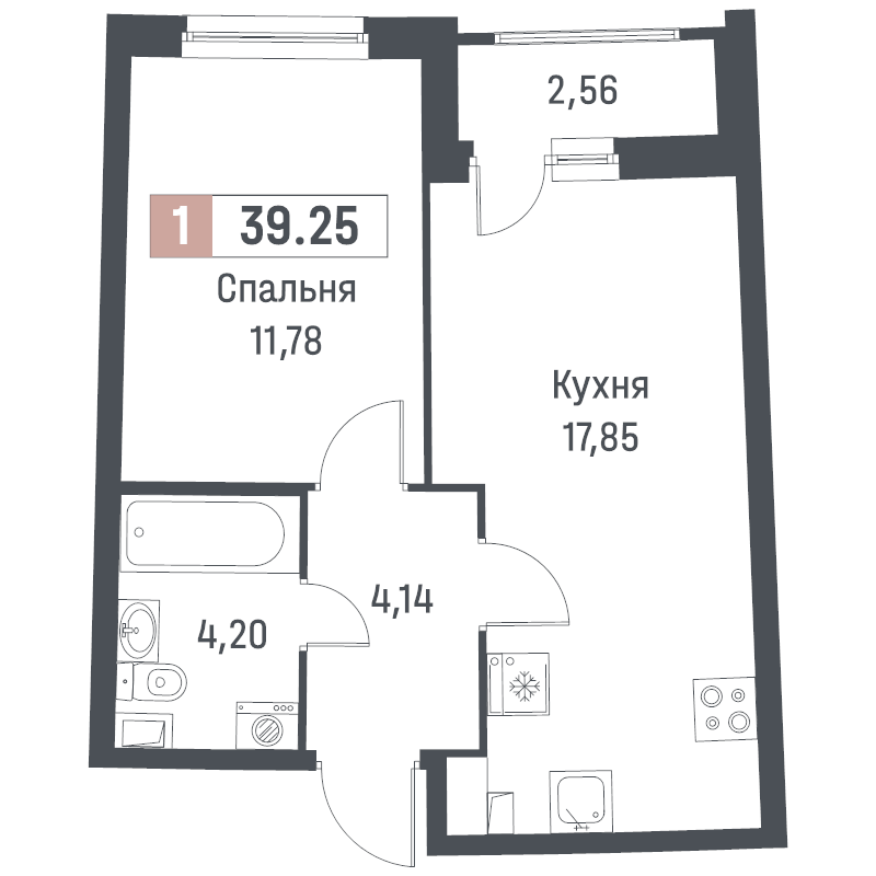 2-комнатная (Евро) квартира, 39.25 м² в ЖК "Авиатор" - планировка, фото №1