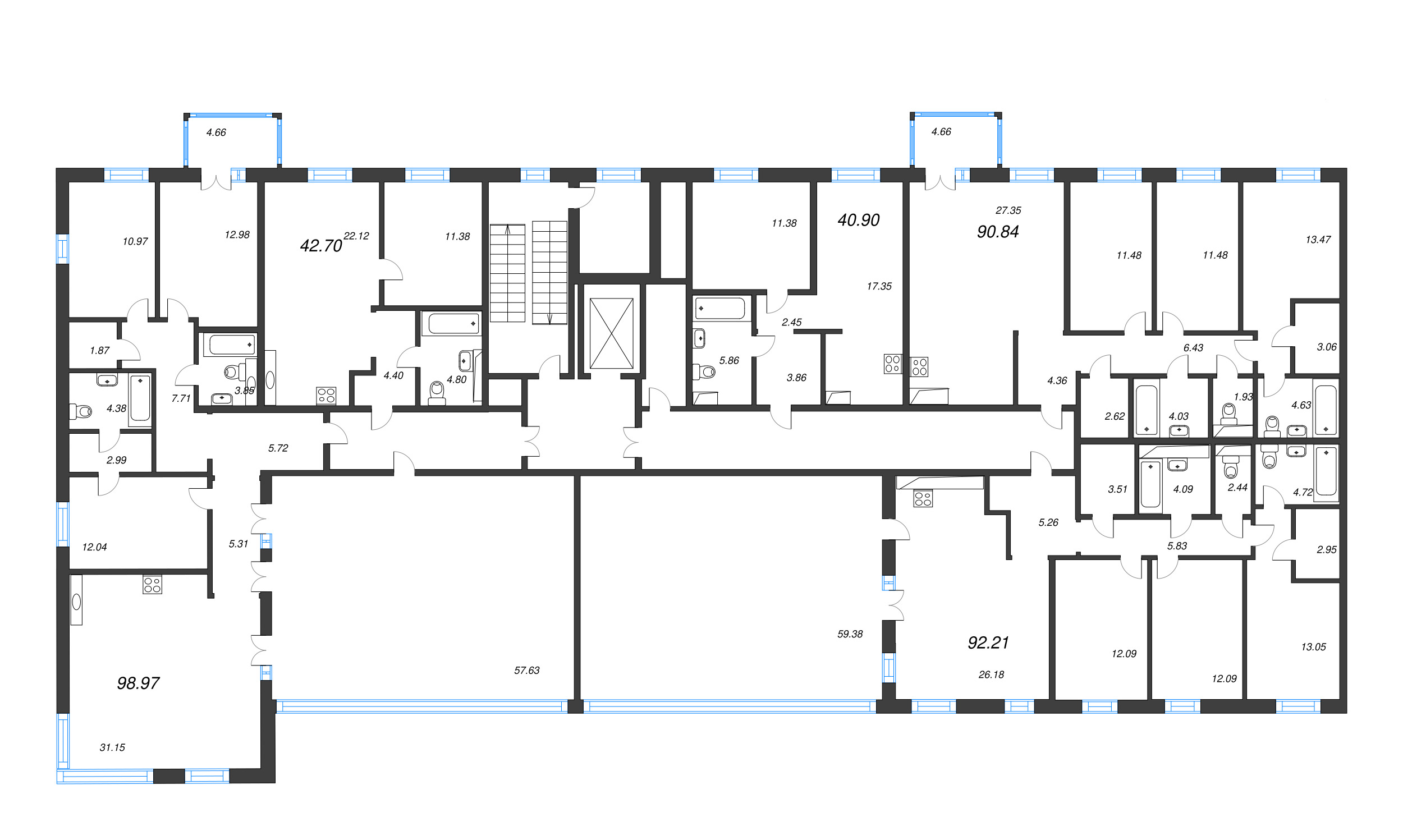2-комнатная (Евро) квартира, 42.7 м² в ЖК "Черная речка, 41" - планировка этажа
