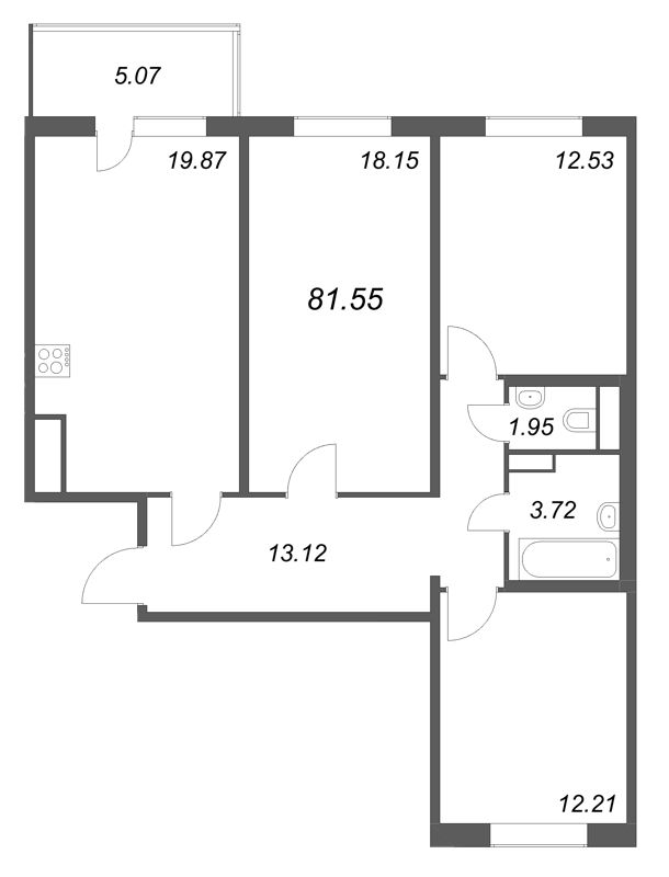 4-комнатная (Евро) квартира, 81.55 м² в ЖК "ЮгТаун" - планировка, фото №1
