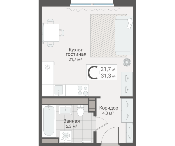 Квартира-студия, 31.3 м² в ЖК "Руднева 15" - планировка, фото №1