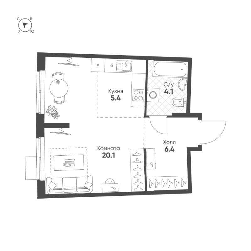Квартира-студия, 36 м² в ЖК "Ягодное Река Парк" - планировка, фото №1