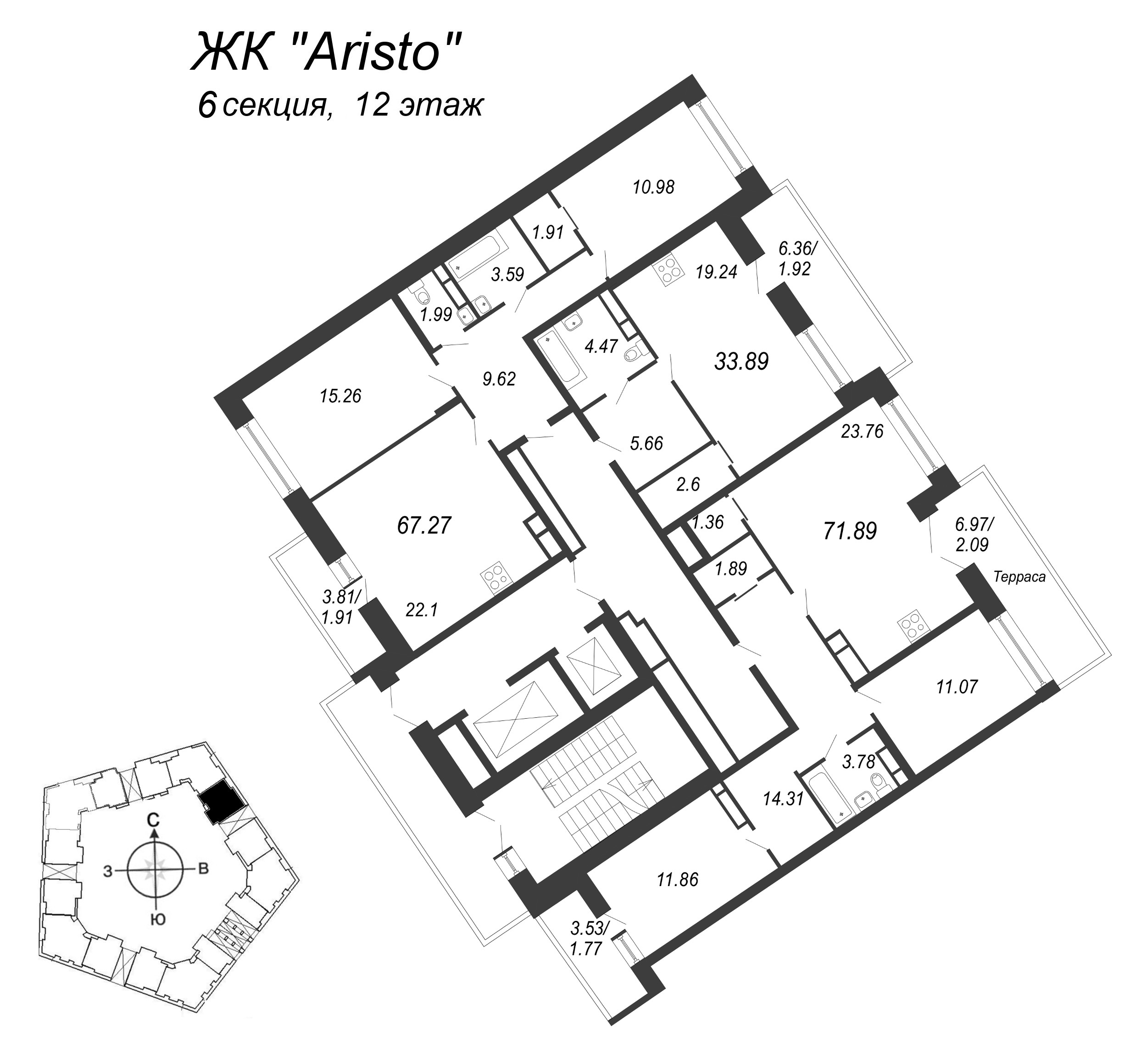 2-комнатная квартира, 67.27 м² в ЖК "Ariosto" - планировка этажа