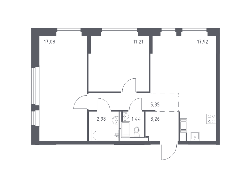 3-комнатная (Евро) квартира, 59.24 м² в ЖК "Новое Колпино" - планировка, фото №1