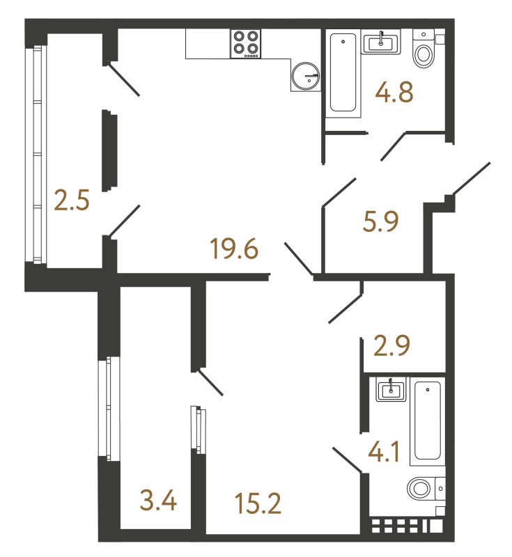 2-комнатная (Евро) квартира, 52.5 м² - планировка, фото №1