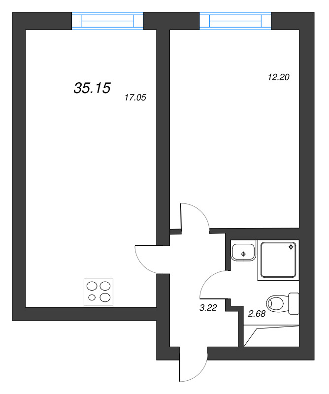 2-комнатная (Евро) квартира, 35.15 м² в ЖК "Морская миля" - планировка, фото №1