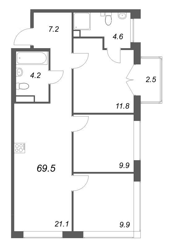 4-комнатная (Евро) квартира, 69.5 м² - планировка, фото №1