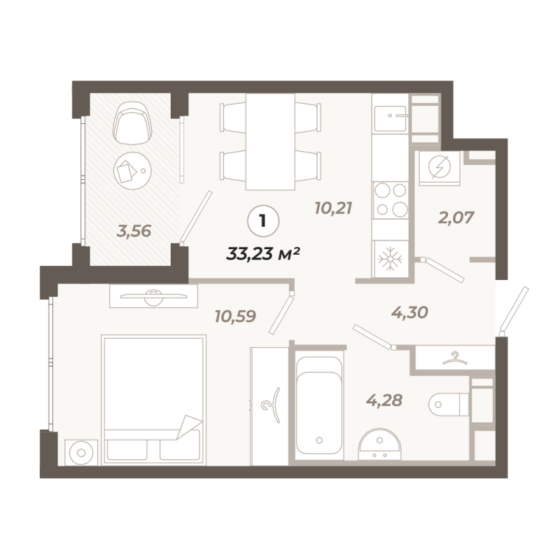 1-комнатная квартира, 33.23 м² в ЖК "Знатный" - планировка, фото №1
