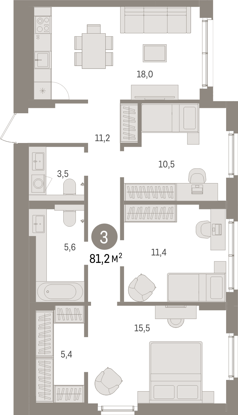 4-комнатная (Евро) квартира, 81.2 м² в ЖК "Брусника в Новоселье" - планировка, фото №1