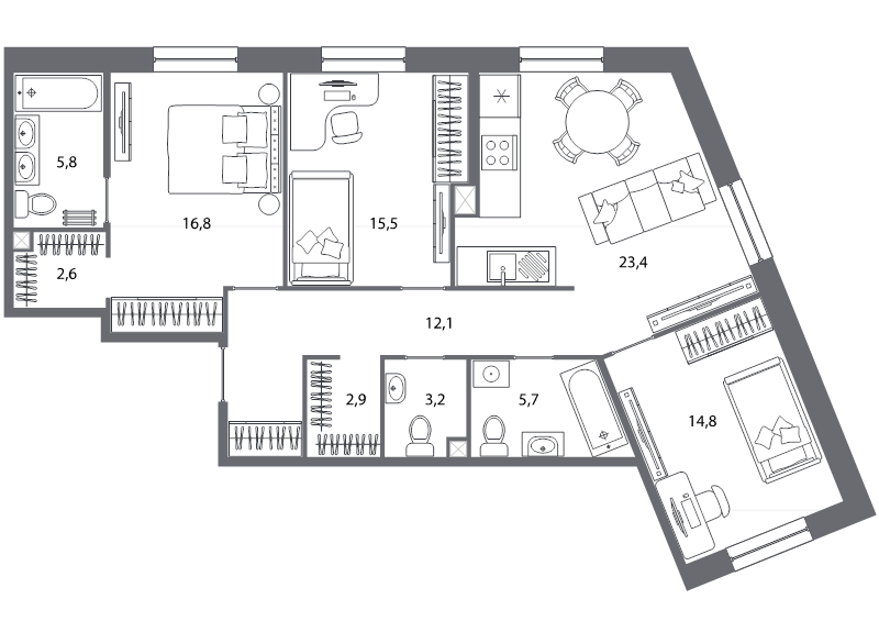 4-комнатная (Евро) квартира, 102.8 м² - планировка, фото №1