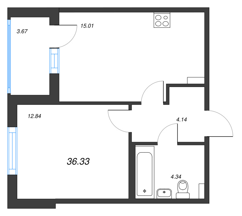 2-комнатная (Евро) квартира, 36.33 м² - планировка, фото №1