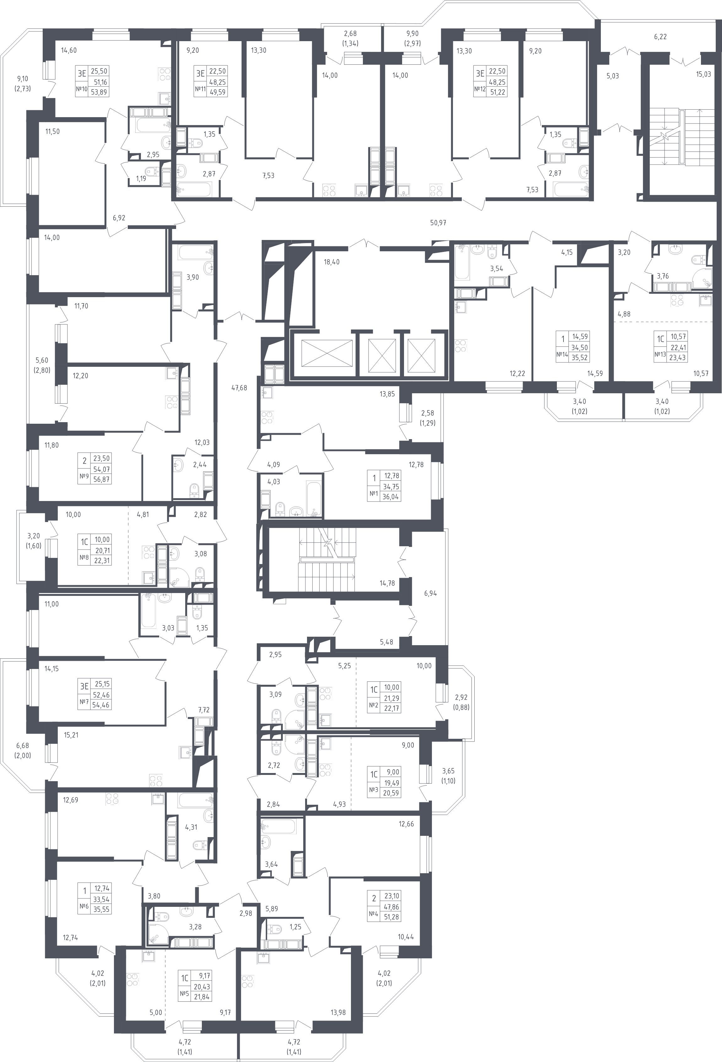 2-комнатная квартира, 56.87 м² - планировка этажа