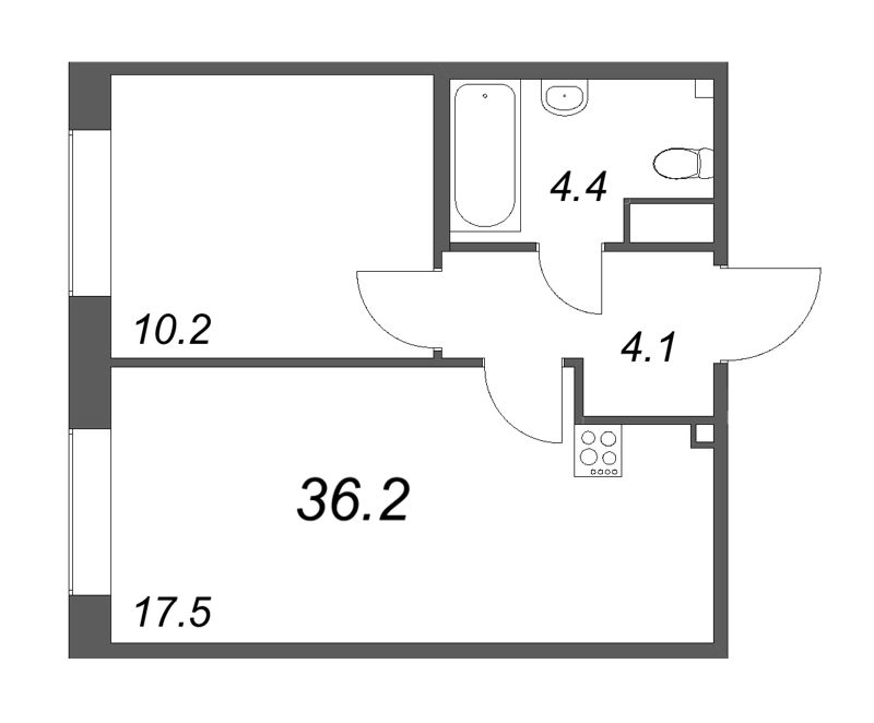 2-комнатная (Евро) квартира, 36.2 м² в ЖК "Парусная 1" - планировка, фото №1