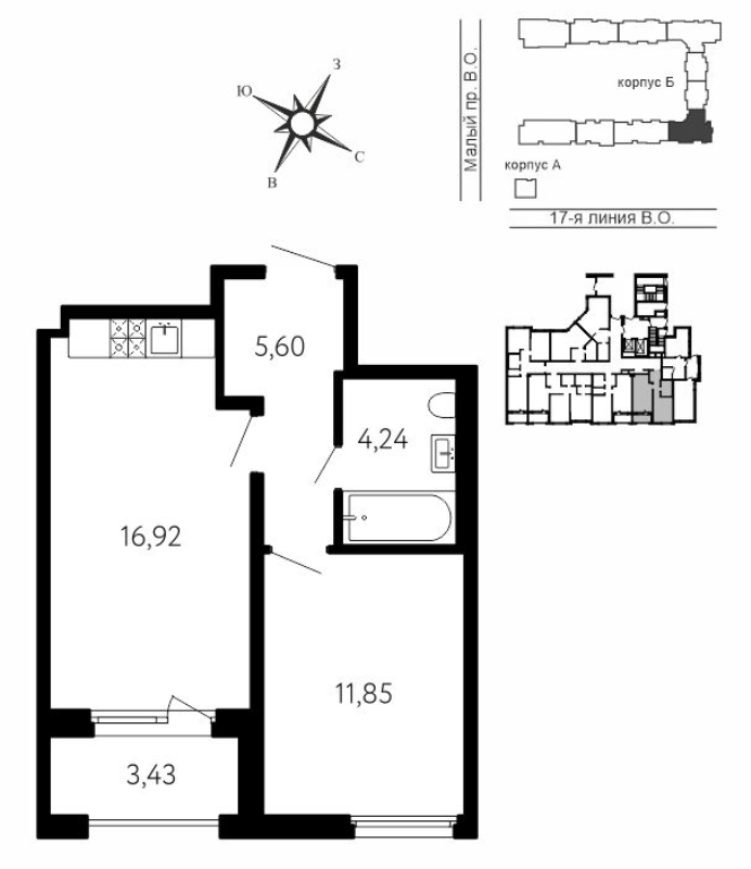 2-комнатная (Евро) квартира, 40.33 м² в ЖК "17-я линия" - планировка, фото №1