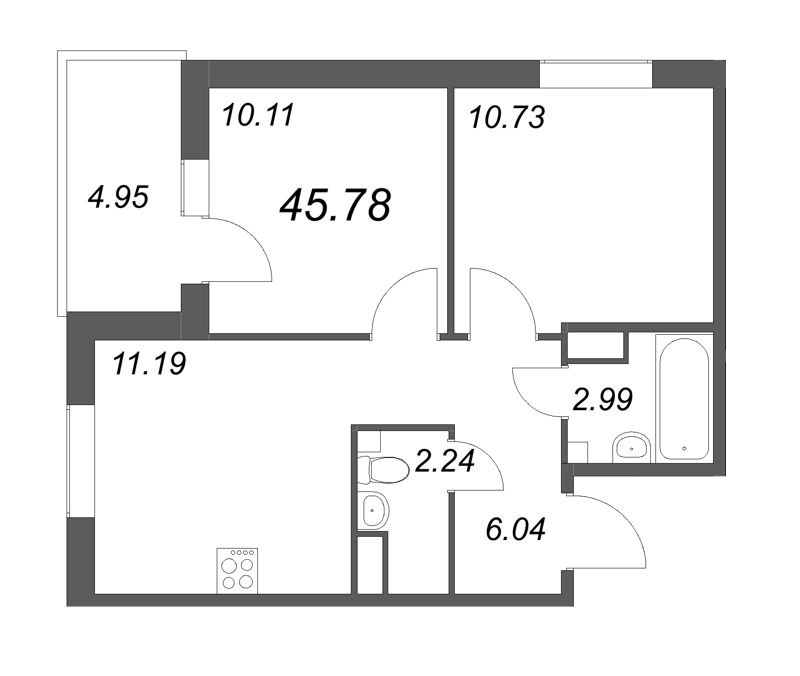 2-комнатная квартира, 45.98 м² - планировка, фото №1