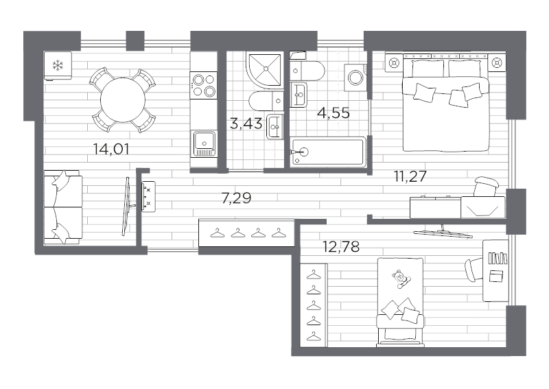 2-комнатная квартира, 53.33 м² в ЖК "Сезоны" - планировка, фото №1