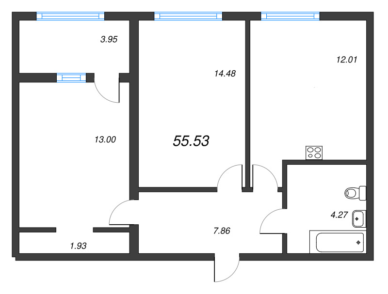 2-комнатная квартира, 55.53 м² в ЖК "Расцветай в Янино" - планировка, фото №1