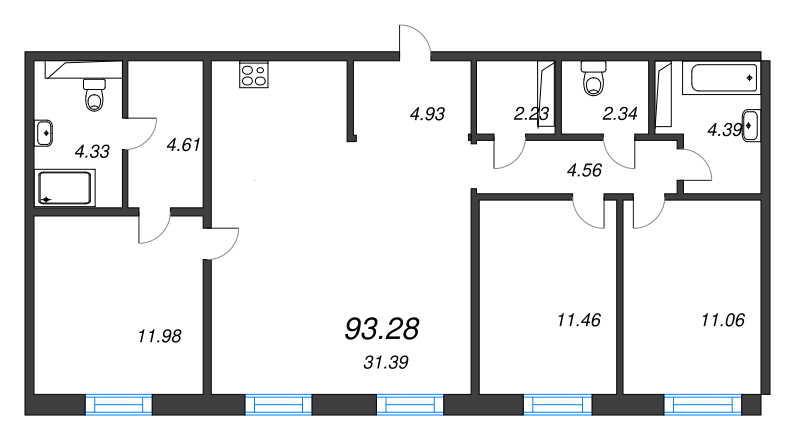 4-комнатная (Евро) квартира, 93.28 м² - планировка, фото №1