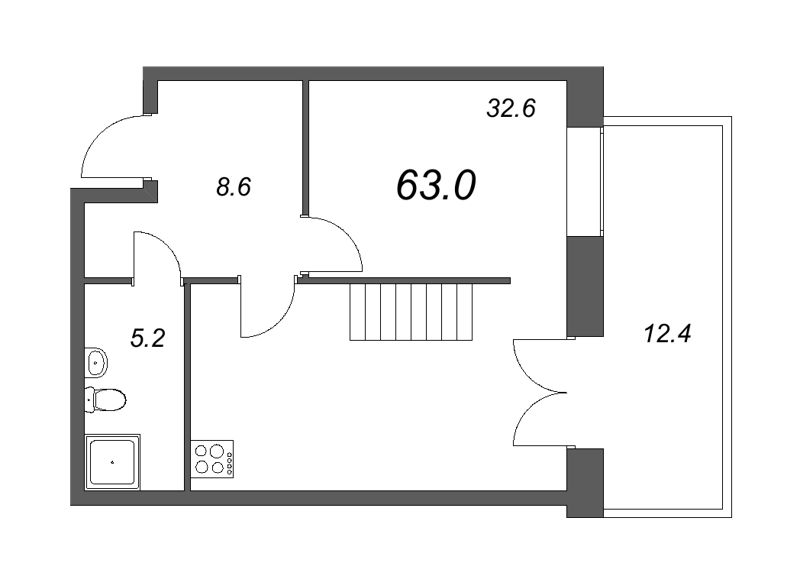 1-комнатная квартира, 62.3 м² - планировка, фото №1