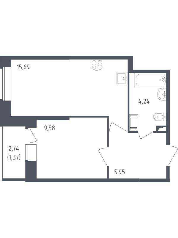 2-комнатная (Евро) квартира, 36.83 м² в ЖК "Живи! В Рыбацком" - планировка, фото №1