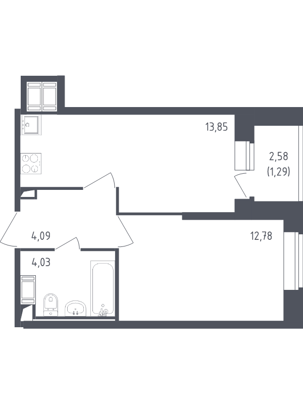 1-комнатная квартира, 36.04 м² - планировка, фото №1