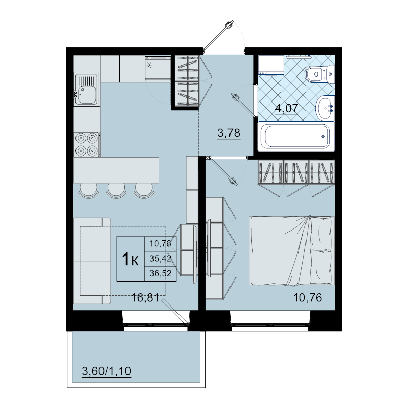 2-комнатная (Евро) квартира, 36.5 м² в ЖК "Северный меридиан" - планировка, фото №1