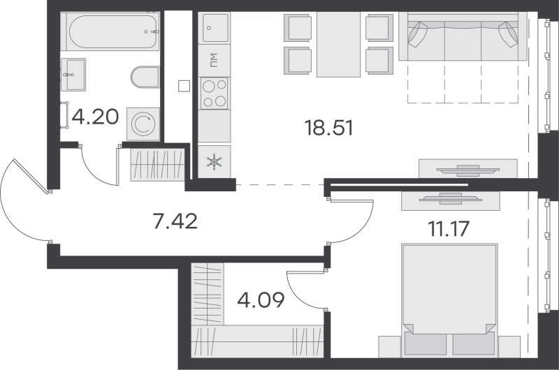 2-комнатная (Евро) квартира, 45.39 м² - планировка, фото №1