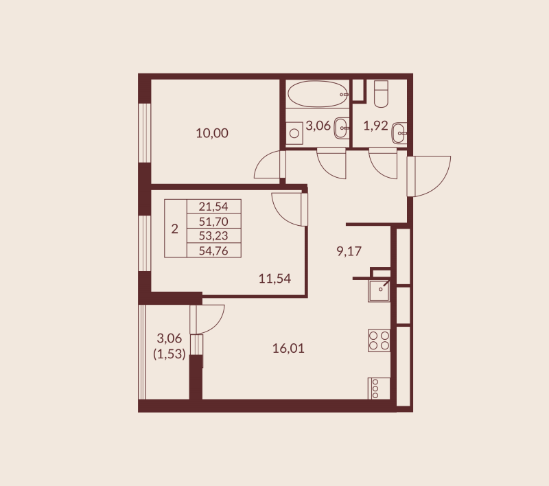 3-комнатная (Евро) квартира, 53.23 м² в ЖК "Амурино" - планировка, фото №1