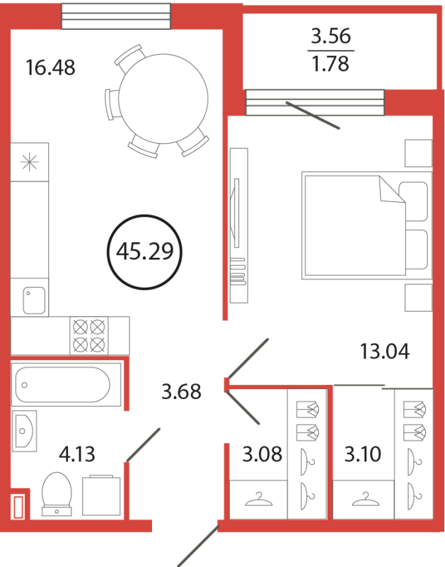 2-комнатная (Евро) квартира, 45.29 м² в ЖК "Энфилд" - планировка, фото №1