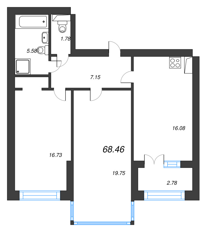 3-комнатная (Евро) квартира, 71.4 м² в ЖК "Наука" - планировка, фото №1