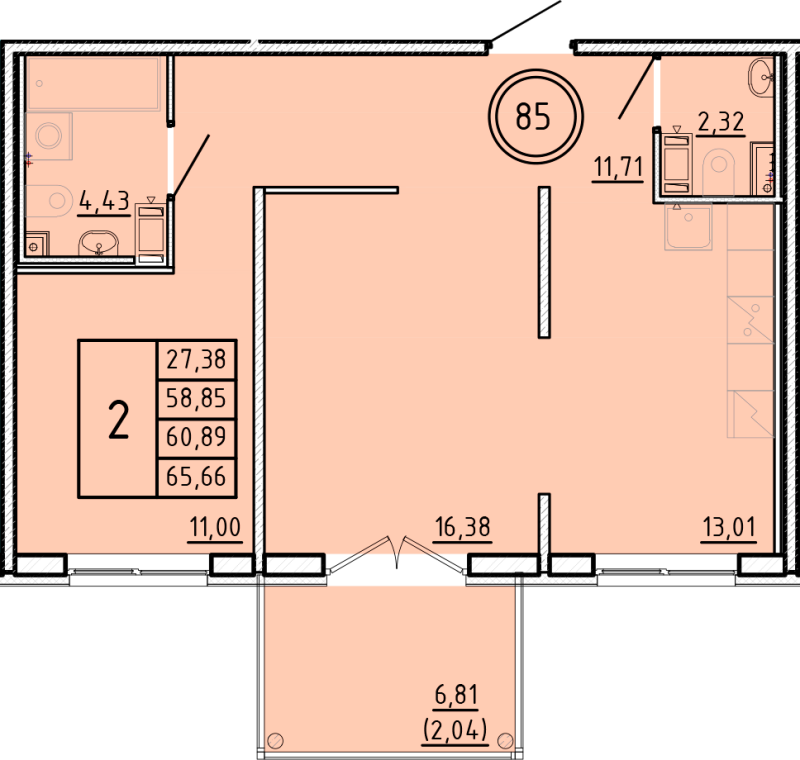 2-комнатная квартира, 58.85 м² - планировка, фото №1