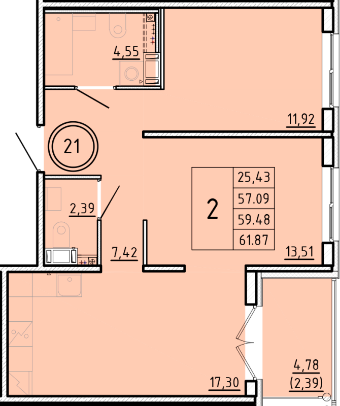 3-комнатная (Евро) квартира, 57.09 м² в ЖК "Образцовый квартал 16" - планировка, фото №1
