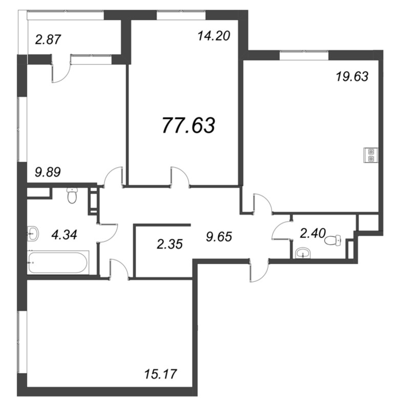 4-комнатная (Евро) квартира, 77.63 м² - планировка, фото №1