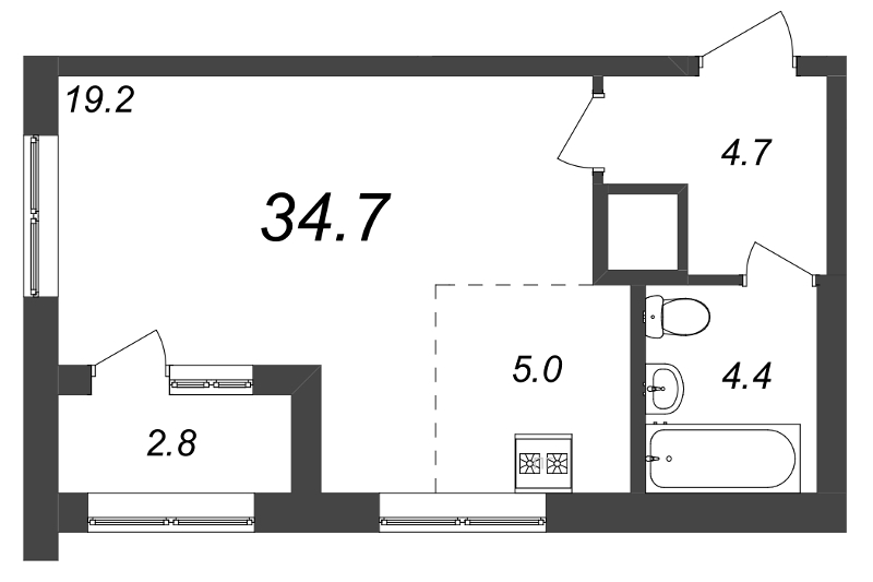 Квартира-студия, 34.5 м² - планировка, фото №1