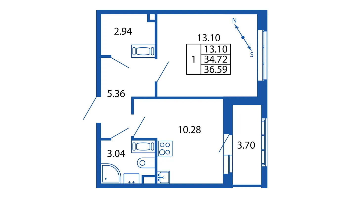 1-комнатная квартира, 34.72 м² - планировка, фото №1