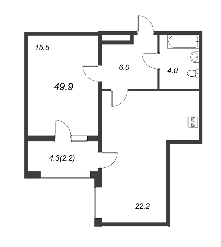 1-комнатная квартира, 49.9 м² в ЖК "Domino" - планировка, фото №1