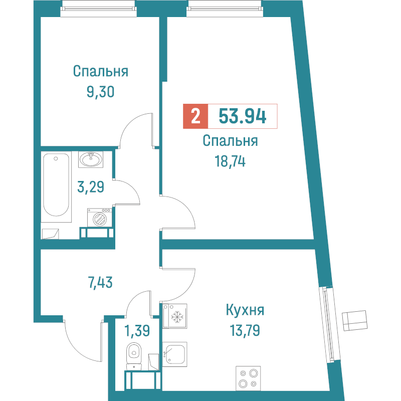 2-комнатная квартира, 53.94 м² - планировка, фото №1