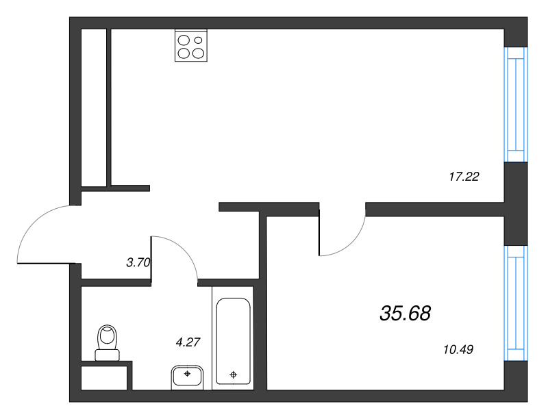 2-комнатная (Евро) квартира, 35.68 м² - планировка, фото №1